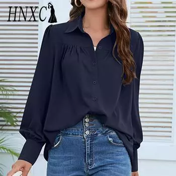 HNXC Женские модные повседневные летние однотонные блузки и рубашки с длинными рукавами и воротником-поло с принтом S оранжевый