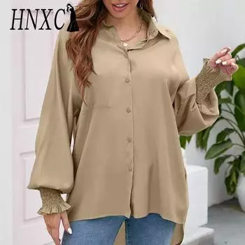 HNXC Женские модные повседневные летние однотонные блузки и рубашки с длинными рукавами и воротником-поло с принтом S хаки