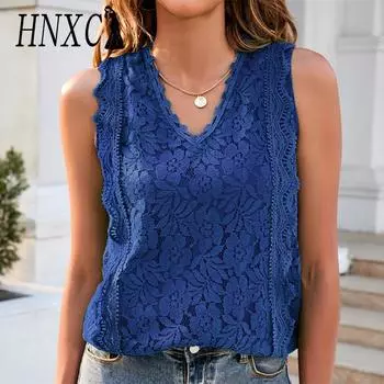 HNXC женские модные повседневные летние однотонные блузки и рубашки без рукавов с v-образным вырезом и принтом S белый