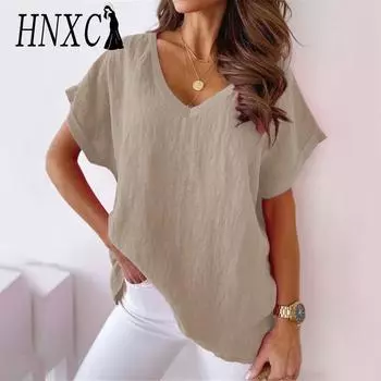 HNXC Женские модные повседневные летние однотонные блузки и рубашки с короткими рукавами и v-образным вырезом с принтом