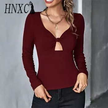 HNXC Женские модные повседневные летние однотонные блузки и рубашки с v-образным вырезом и длинными рукавами с принтом S чёрный