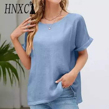 HNXC женские модные повседневные летние однотонные блузки и рубашки с короткими рукавами и круглым вырезом с принтом S розовый
