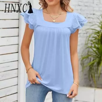 HNXC женские модные повседневные летние однотонные блузки и рубашки с короткими рукавами и квадратным воротником с принтом S чёрный