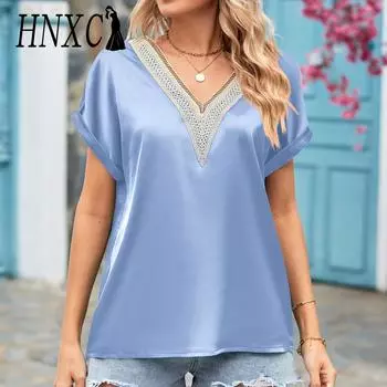 HNXC Женские модные повседневные летние однотонные блузки и рубашки с короткими рукавами и v-образным вырезом с принтом S чёрный