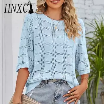 HNXC Женские модные повседневные летние однотонные блузки и рубашки с круглым вырезом и рукавами 3/4 с принтом S белый