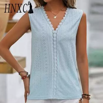 HNXC женские модные повседневные летние однотонные блузки и рубашки без рукавов с v-образным вырезом и принтом