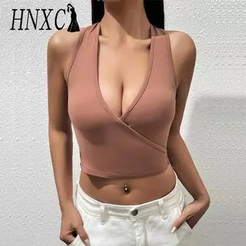 HNXC женские модные повседневные летние однотонные блузки и рубашки без рукавов с v-образным вырезом и принтом S коричневый