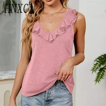 HNXC женские модные повседневные летние однотонные блузки и рубашки без рукавов с v-образным вырезом и принтом S розовый