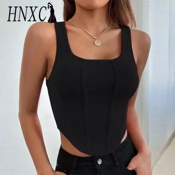 HNXC женские модные повседневные летние однотонные блузки и рубашки без рукавов с квадратным воротником и принтом S чёрный