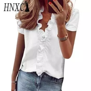 HNXC Женские модные повседневные летние однотонные блузки и рубашки с короткими рукавами и v-образным вырезом с принтом S белый