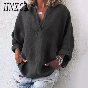 HNXC Женские модные повседневные летние однотонные блузки и рубашки с v-образным вырезом и длинными рукавами с принтом S чёрный