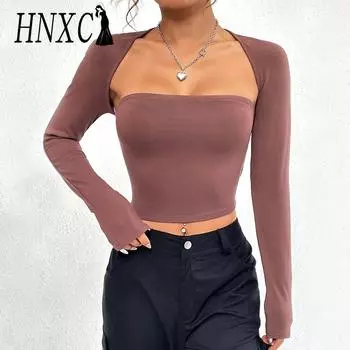 HNXC женские модные повседневные летние однотонные блузки и рубашки с квадратным воротником и длинными рукавами с принтом S темно-коричневого