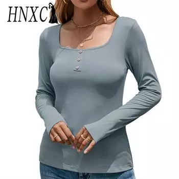 HNXC женские модные повседневные летние однотонные блузки и рубашки с длинными рукавами и U-образным вырезом с принтом S чёрный