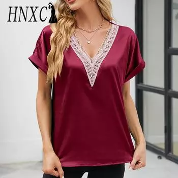 HNXC Женские модные повседневные летние однотонные блузки и рубашки с короткими рукавами и v-образным вырезом с принтом S армия зеленый