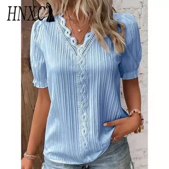 HNXC Женские модные повседневные летние однотонные блузки и рубашки с короткими рукавами и v-образным вырезом с принтом S белый