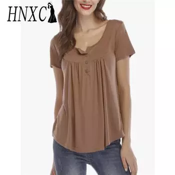 HNXC женские модные повседневные летние однотонные блузки и рубашки с короткими рукавами и круглым вырезом с принтом S чёрный