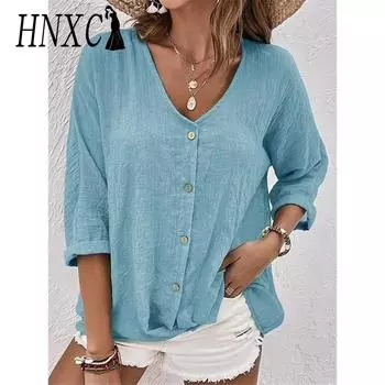 HNXC Женские модные повседневные летние однотонные блузки и рубашки с короткими рукавами и v-образным вырезом с принтом S синий