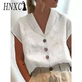 HNXC Женские модные повседневные летние однотонные блузки и рубашки с короткими рукавами и v-образным вырезом с принтом S серый