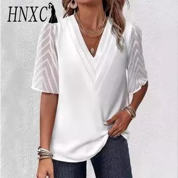 HNXC Женские модные повседневные летние однотонные блузки и рубашки с короткими рукавами и v-образным вырезом с принтом S белый