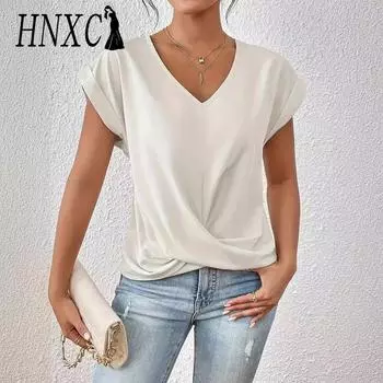 HNXC Женские модные повседневные летние однотонные блузки и рубашки с короткими рукавами и v-образным вырезом с принтом S белый