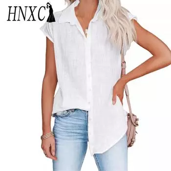 HNXC Женские модные повседневные летние однотонные блузки и рубашки с короткими рукавами и воротником-поло с принтом S белый