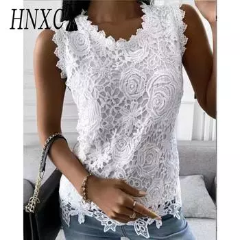 HNXC женские модные повседневные летние однотонные блузки и рубашки без рукавов с v-образным вырезом и принтом S белый