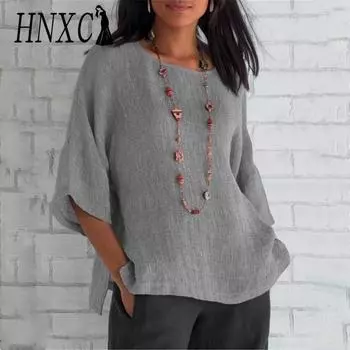 HNXC Женские модные повседневные летние однотонные блузки и рубашки с круглым вырезом и рукавами 3/4 с принтом S белый