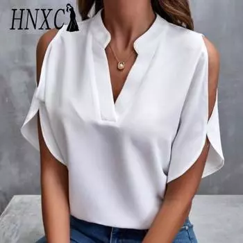 HNXC Женские модные повседневные летние однотонные блузки и рубашки с короткими рукавами и v-образным вырезом с принтом S белый