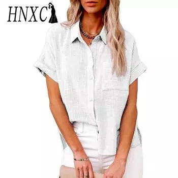 HNXC Женские модные повседневные летние однотонные блузки и рубашки с короткими рукавами и воротником-поло с принтом S белый
