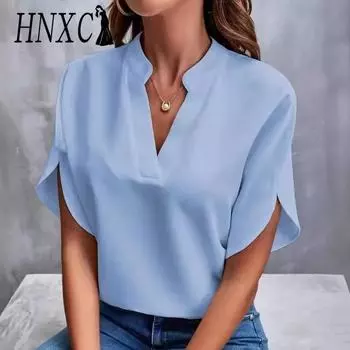 HNXC Женские модные повседневные летние однотонные блузки и рубашки с короткими рукавами и v-образным вырезом с принтом S белый