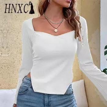 HNXC женские модные повседневные летние однотонные блузки и рубашки с длинными рукавами и U-образным вырезом с принтом S зелёный