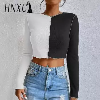 HNXC Женские модные повседневные летние однотонные блузки и рубашки с круглым вырезом и длинными рукавами с принтом S чёрный