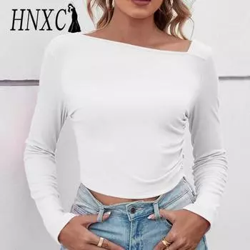 HNXC Женские модные повседневные летние однотонные блузки и рубашки с длинными рукавами с принтом S чёрный