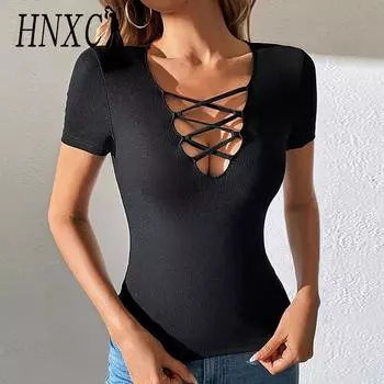 HNXC Женские модные повседневные летние однотонные блузки и рубашки с короткими рукавами и v-образным вырезом с принтом S чёрный