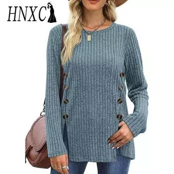 HNXC Женские модные повседневные летние однотонные блузки и рубашки с круглым вырезом и длинными рукавами с принтом S чёрный