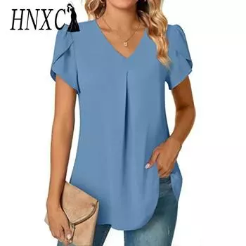 HNXC Женские модные повседневные летние однотонные блузки и рубашки с короткими рукавами и v-образным вырезом с принтом S чёрный