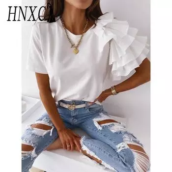 HNXC женские модные повседневные летние однотонные блузки и рубашки с короткими рукавами и круглым вырезом с принтом S чёрный