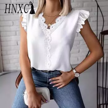 HNXC Женские модные повседневные летние однотонные блузки и рубашки с короткими рукавами и v-образным вырезом с принтом S белый