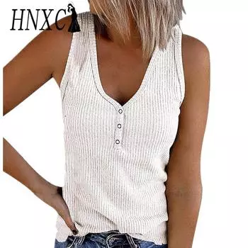 HNXC женские модные повседневные летние однотонные блузки и рубашки без рукавов с v-образным вырезом и принтом S белый