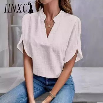 HNXC Женские модные повседневные летние однотонные блузки и рубашки с короткими рукавами и v-образным вырезом с принтом S чёрный