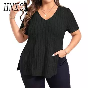 HNXC Женские модные повседневные летние однотонные блузки и рубашки с короткими рукавами и v-образным вырезом с принтом S чёрный