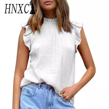 HNXC женские модные повседневные летние однотонные блузки и рубашки без рукавов с полуводолазкой и принтом S белый