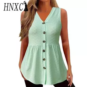 HNXC женские модные повседневные летние однотонные блузки и рубашки без рукавов с v-образным вырезом и принтом S светло-зеленый