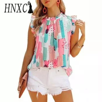 HNXC женские модные повседневные летние однотонные блузки и рубашки без рукавов с круглым вырезом и принтом S розовый