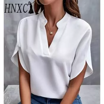 HNXC Женские модные повседневные летние однотонные блузки и рубашки с короткими рукавами и v-образным вырезом с принтом S белый