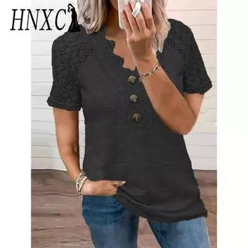 HNXC Женские модные повседневные летние однотонные блузки и рубашки с короткими рукавами и v-образным вырезом с принтом S чёрный