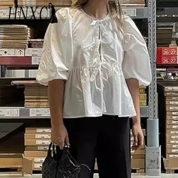 HNXC Женские модные повседневные летние однотонные блузки и рубашки с круглым вырезом и рукавами 3/4 с принтом S небесно-голубой