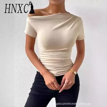 HNXC Женские модные повседневные летние однотонные блузки и рубашки с короткими рукавами с принтом S белый