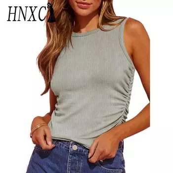 HNXC женские модные повседневные летние однотонные блузки и рубашки без рукавов с круглым вырезом и принтом S белый