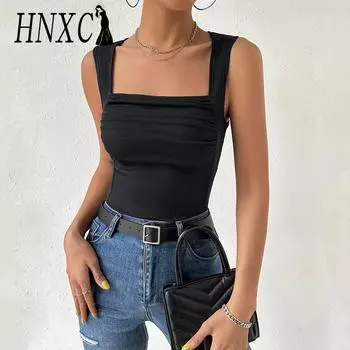 HNXC женские модные повседневные летние однотонные блузки и рубашки без рукавов с квадратным воротником и принтом S зелёный